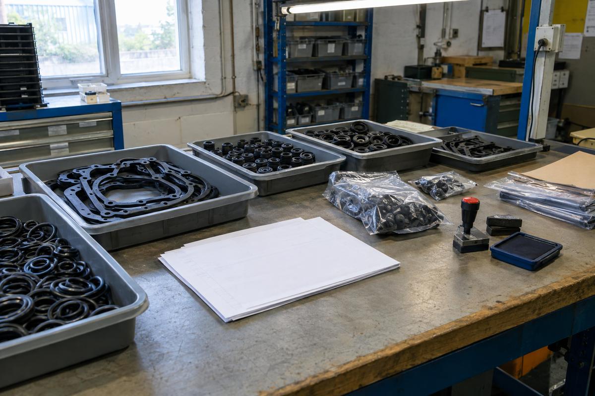 Automotive sealing parts prepared in organised trays with paperwork hidden