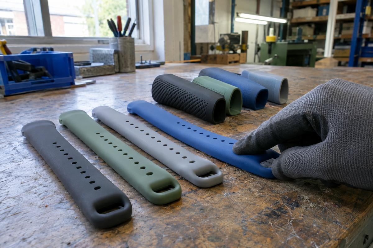 Soft-touch silicone samples in different colours and finishes for comparison