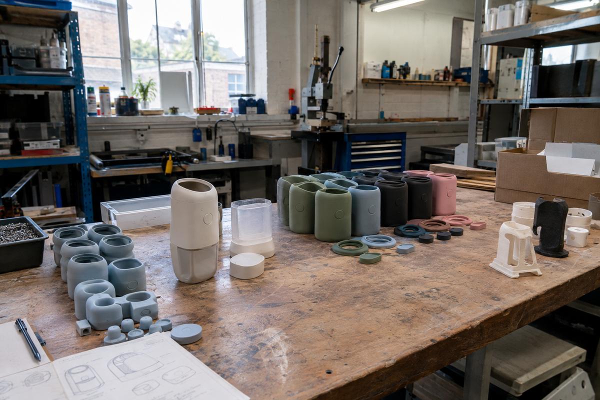 Consumer silicone parts, variants and assembled product samples on bench