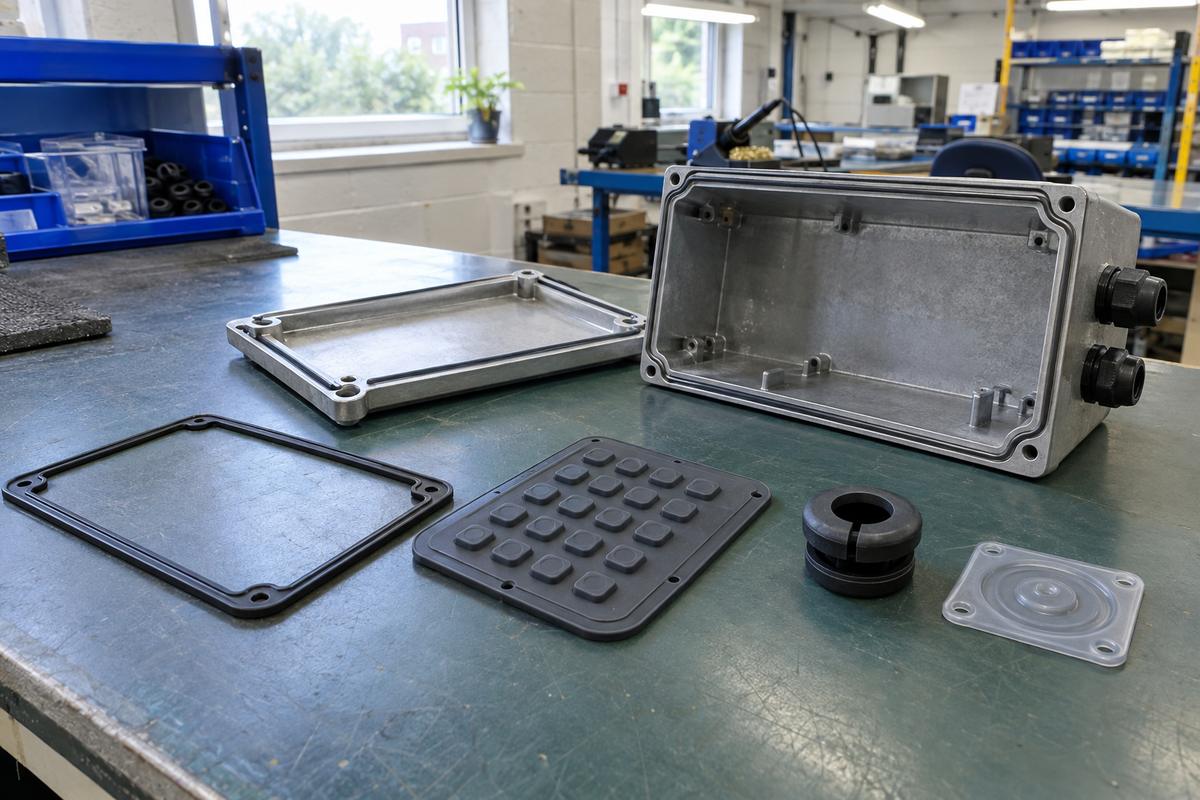 Electronics-grade silicone gasket, keypad and grommet beside enclosure