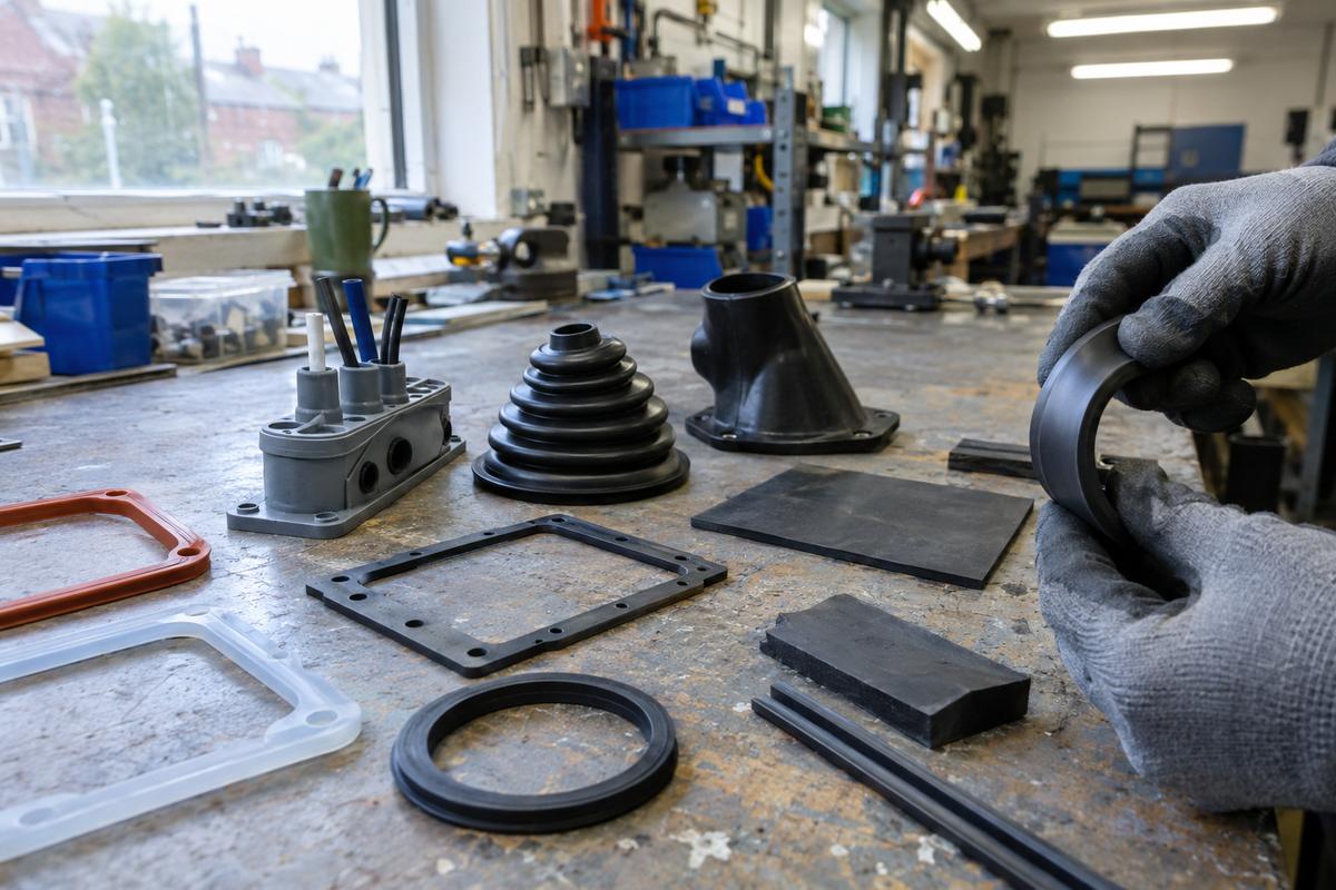 Different rubber and silicone sealing samples compared on a worn workshop bench