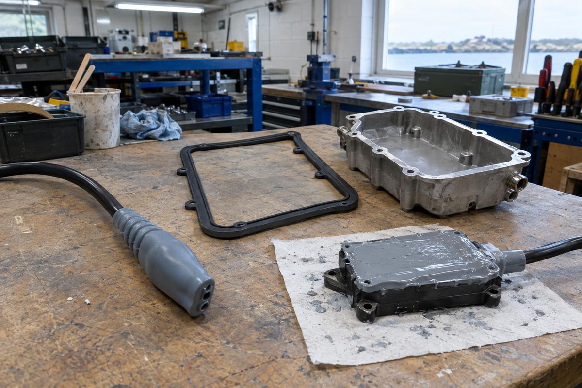 Overmoulded cable, gasket and encapsulated sensor shown on a workshop bench