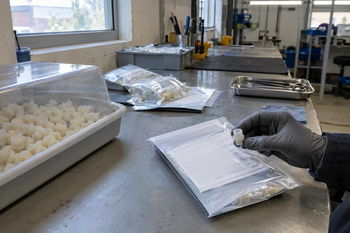 Gloved hand checking medical silicone parts against batch paperwork
