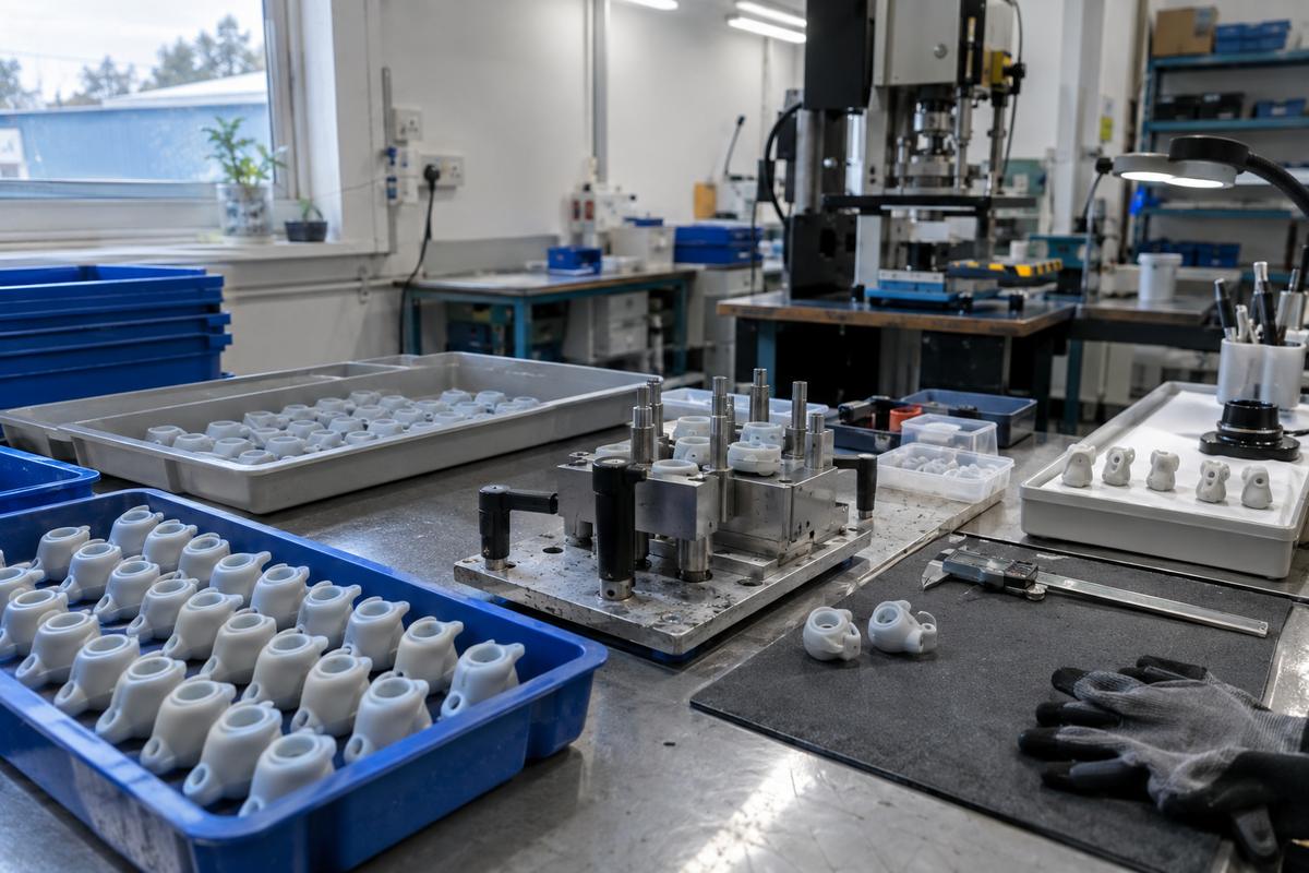 Medical silicone components arranged for assembly, finishing and inspection