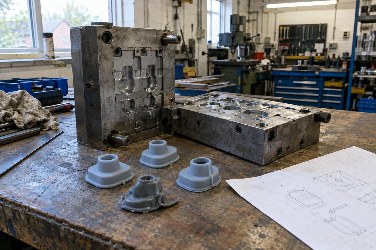 Tooling and sample silicone parts laid out for manufacturability review
