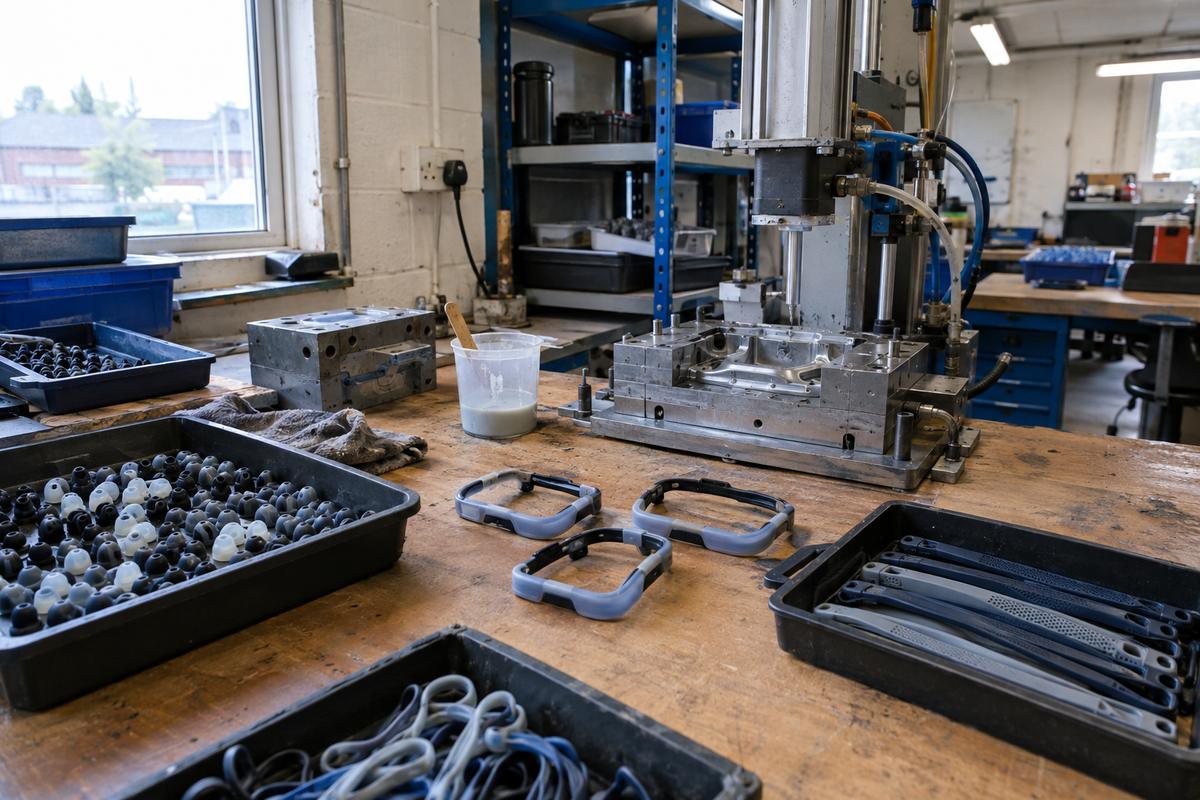 Wearable overmoulded parts and LSR moulded pieces on a workshop bench