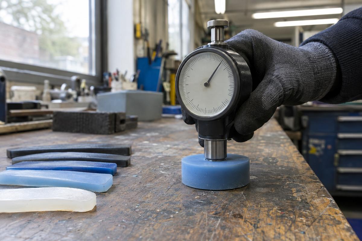 Durometer pin pressing into a silicone sample during hardness testing
