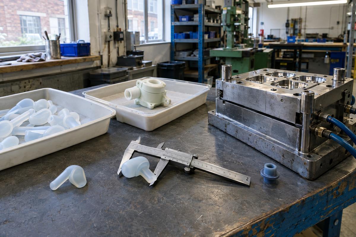 Calipers, medical silicone parts and production tooling on a bench
