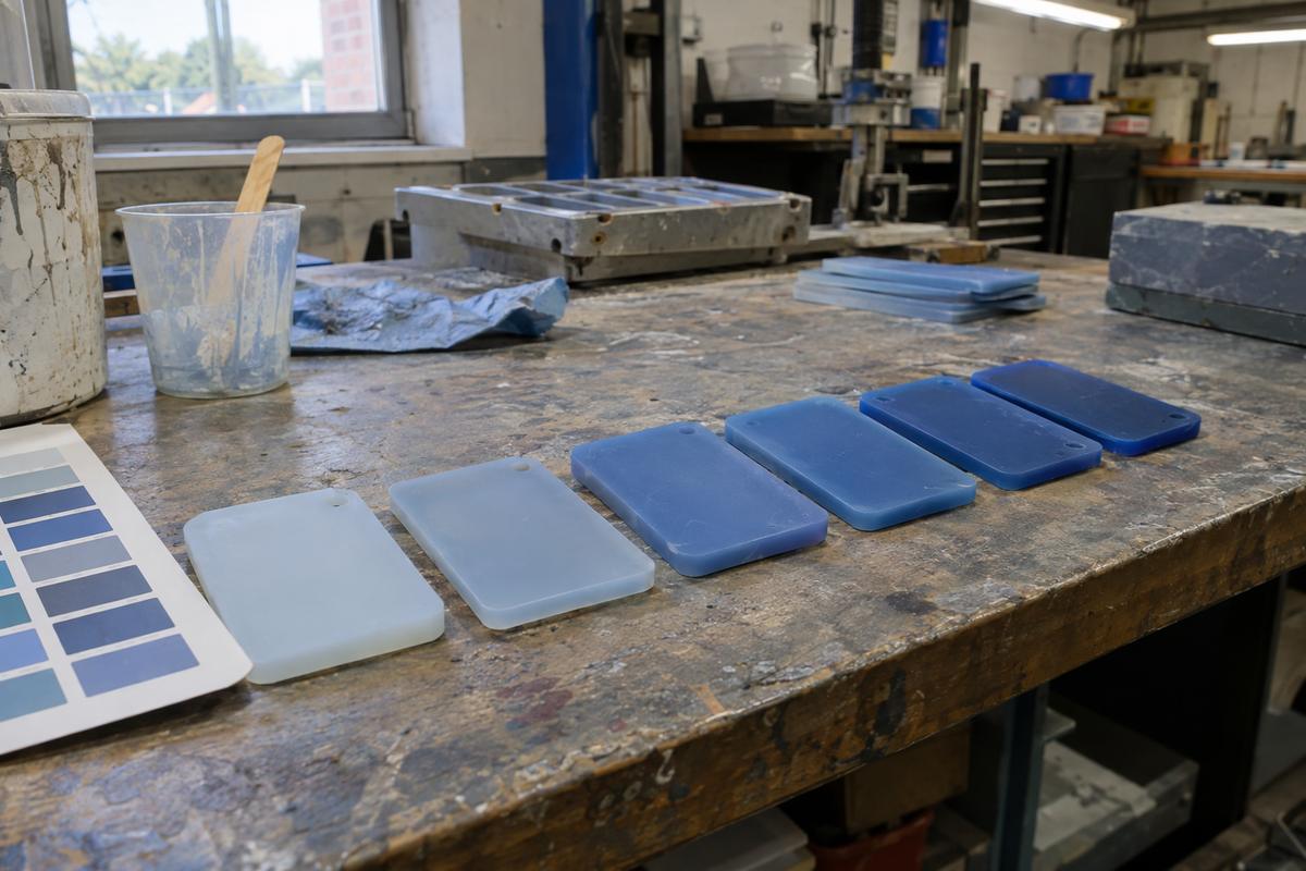 Silicone colour sample chips showing subtle shade and translucency differences