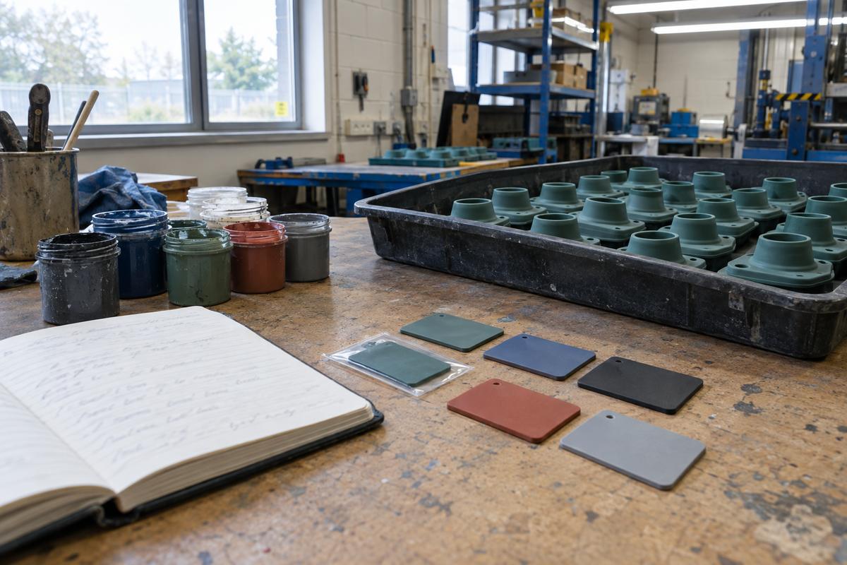 Retained silicone colour chip beside variant samples and moulded parts