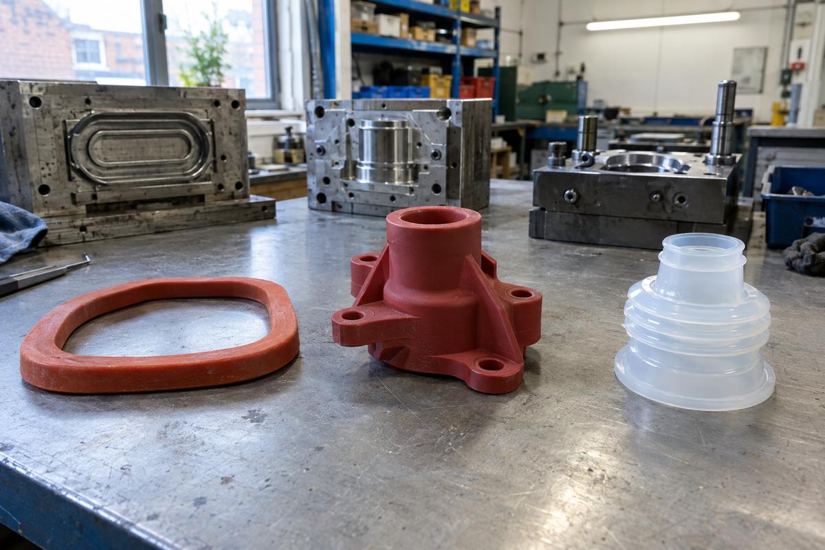 Three silicone parts illustrating compression, injection and LSR routes