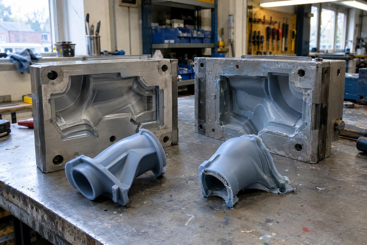 Silicone parts comparing clean production release with awkward prototype geometry