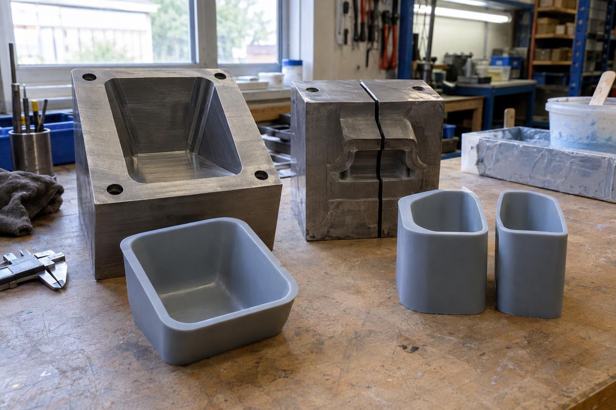 Tool inserts and sample parts showing draft, undercuts, radii and wall sections