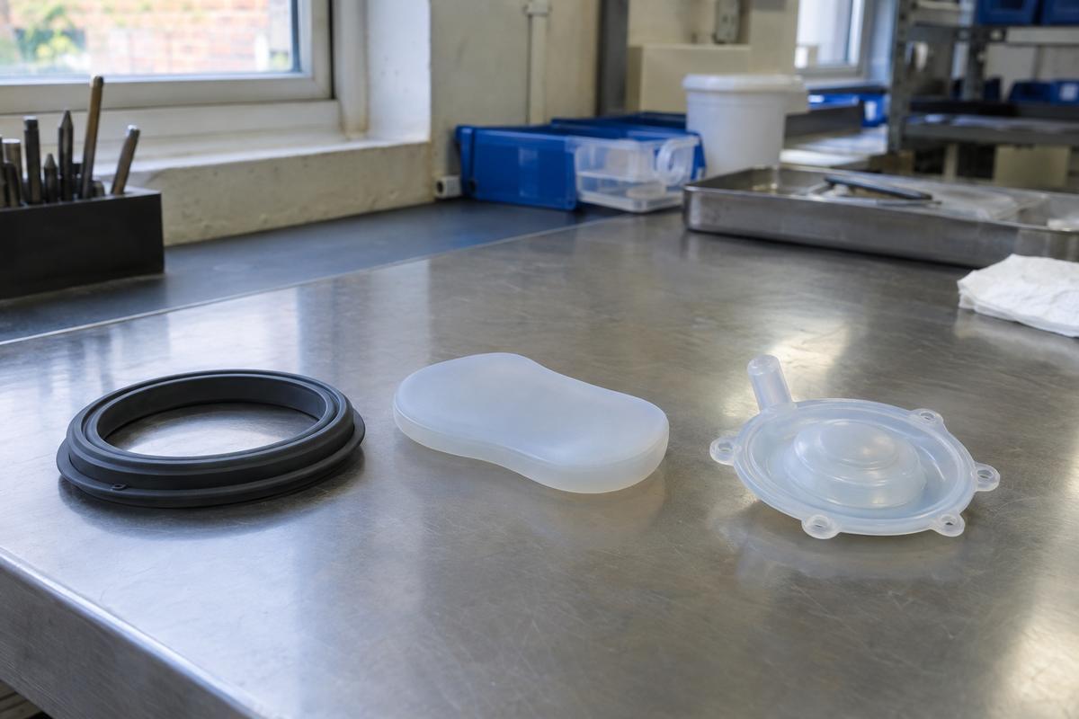 Medical silicone components for internal seals, skin contact and fluid paths