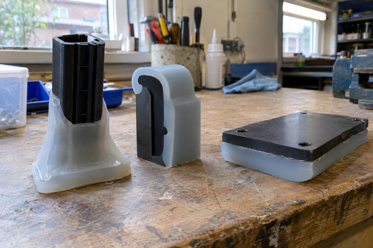 Three assemblies showing overmoulded, two-material and bonded silicone joins