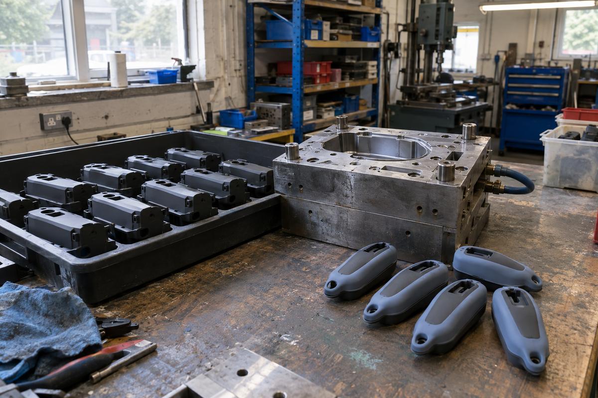 Plastic substrate variants beside overmould tool and finished bonded parts