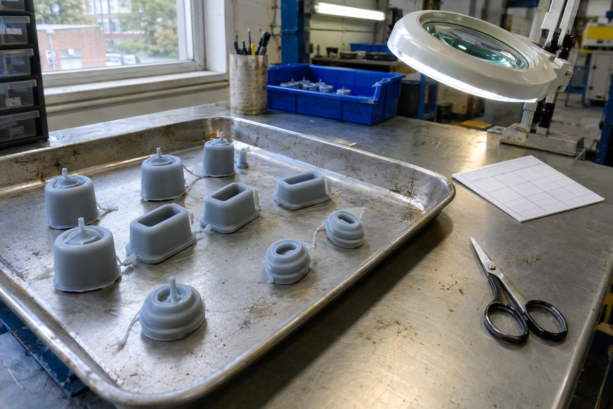Freshly moulded silicone parts showing sprues, gate witness and light flash