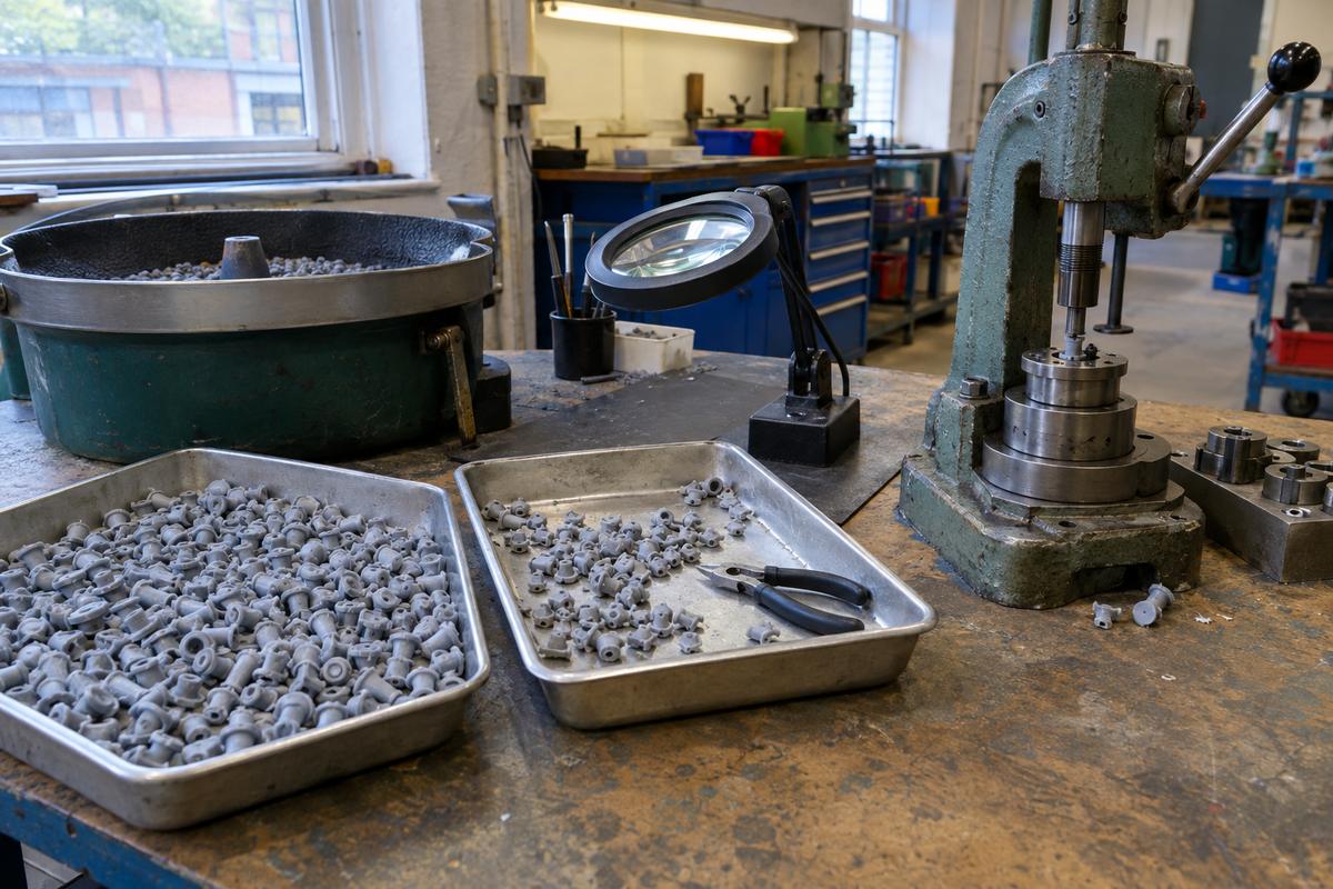 Three silicone deflash methods shown on a workshop bench