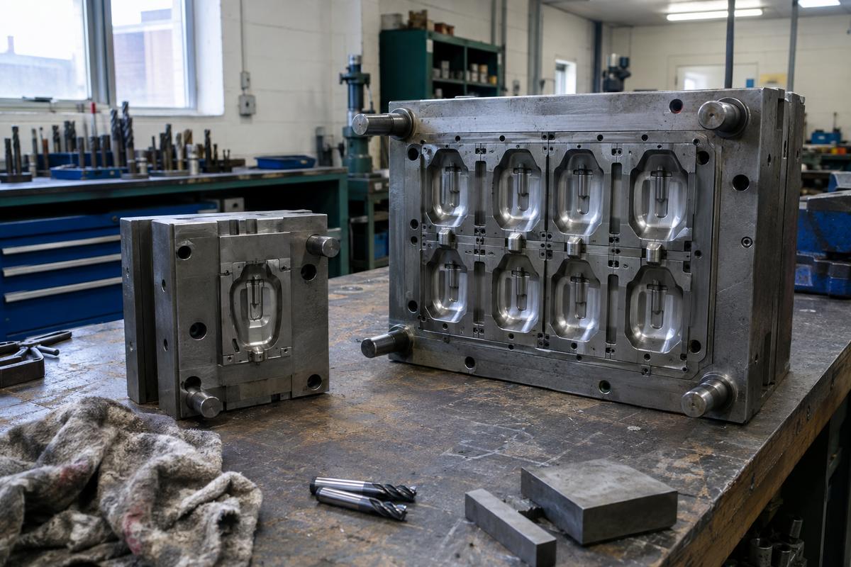 Prototype mould insert beside a larger multi-cavity production tool