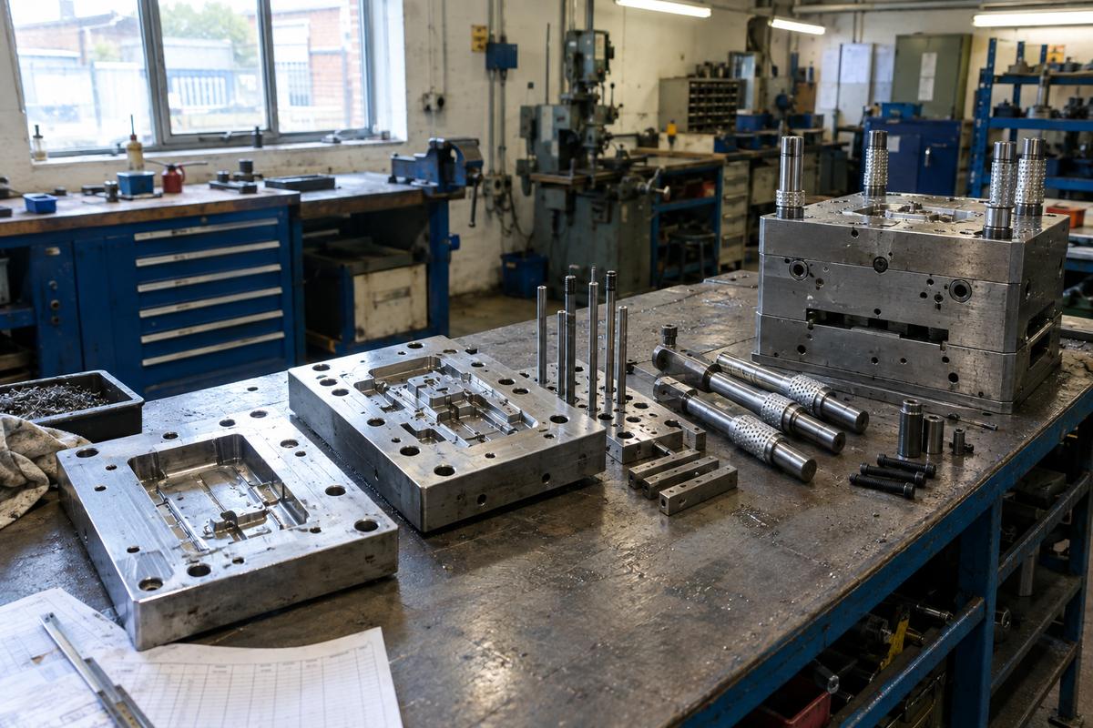 Machined steel mould components laid out during production tool assembly
