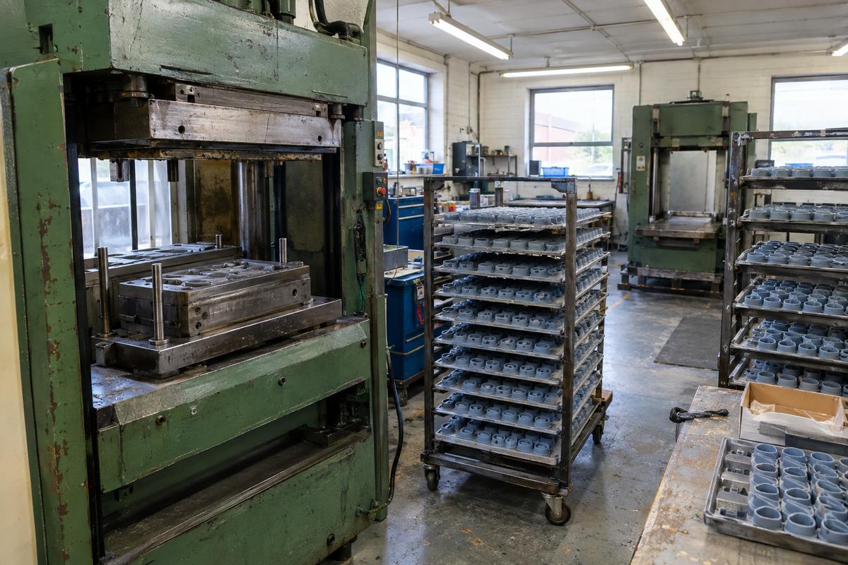 Single moulding tool running with racks of repeated silicone parts