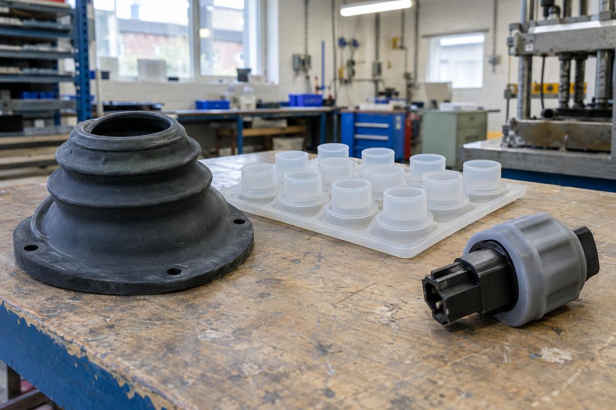 Examples of HCR, LSR and silicone overmoulded components on a bench