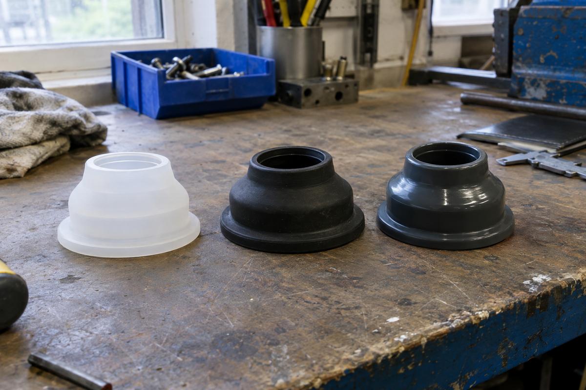 Silicone, rubber and TPE parts compared on a workshop bench