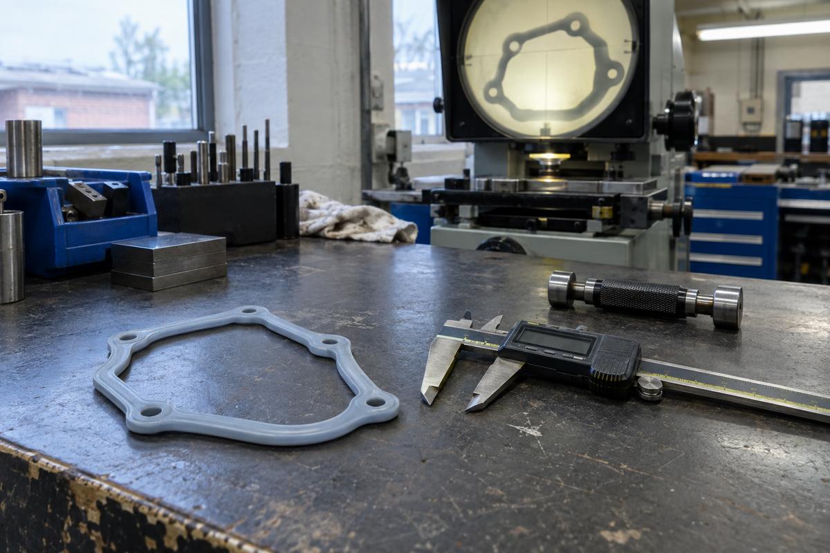 Silicone gasket beside calipers and gauges at an inspection bench
