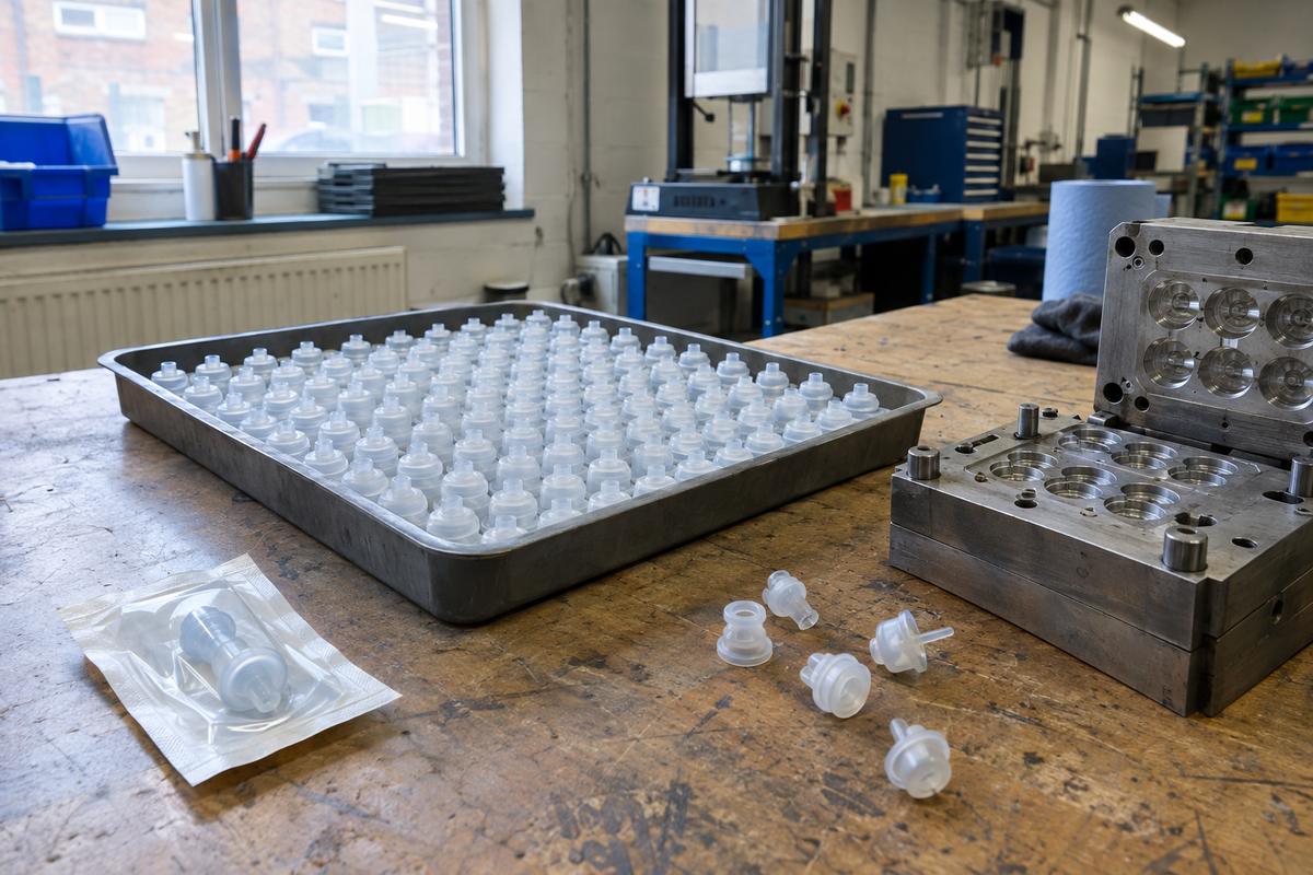 Medical, volume and LSR silicone examples arranged on a bench