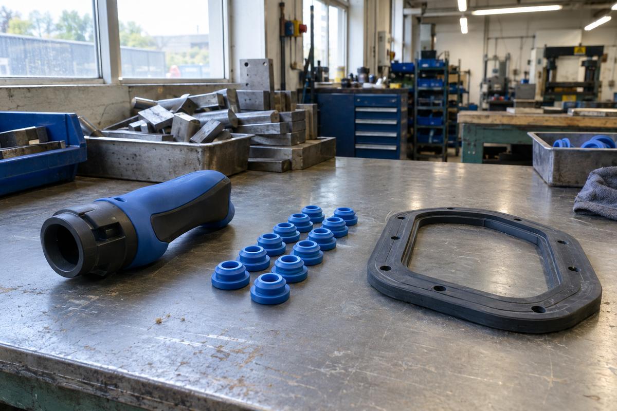 Different silicone part types arranged for process comparison on a workshop bench