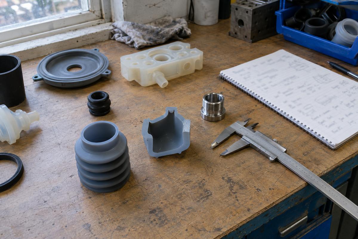 Inspection bench with silicone samples, cut section and measuring tools