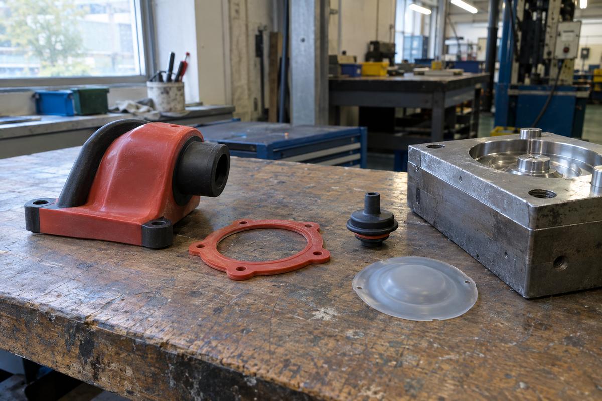 Workshop examples of silicone parts beside a steel tool insert