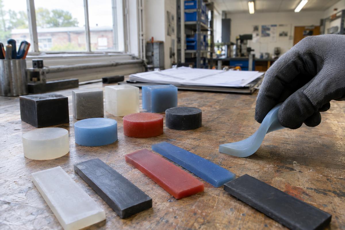 Material samples in different grades and colours on a workshop bench