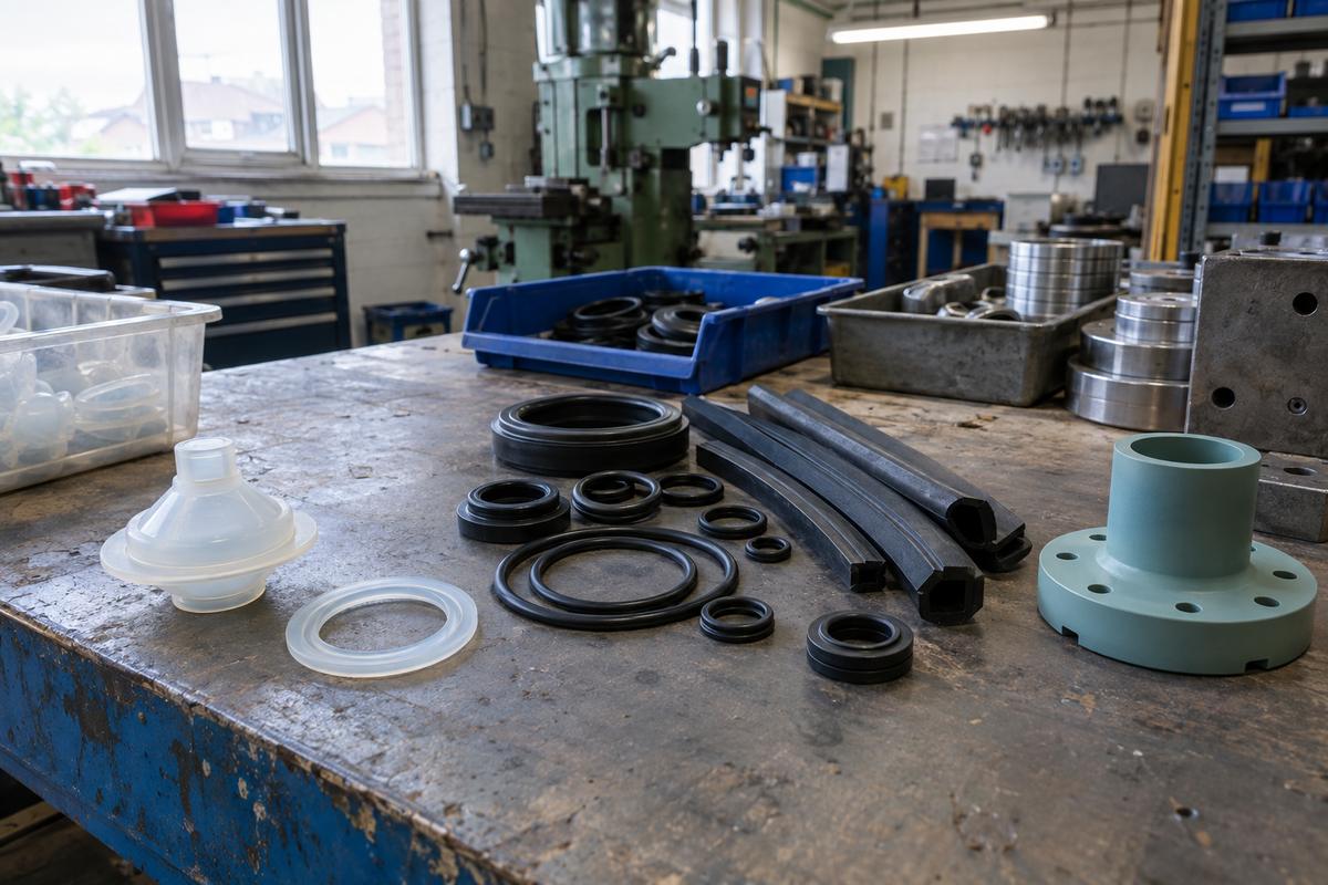 Silicone, black rubber and specialist elastomer parts grouped for comparison