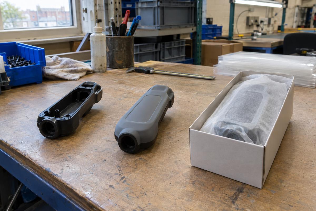 Plastic part, overmoulded version and packed finished item in sequence