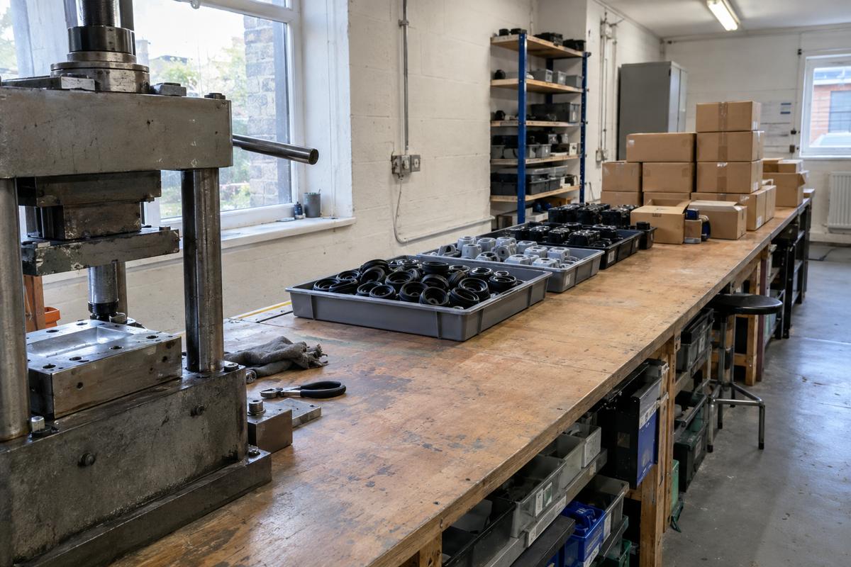 Bench layout showing tooling, moulding, inspection, assembly and packed goods