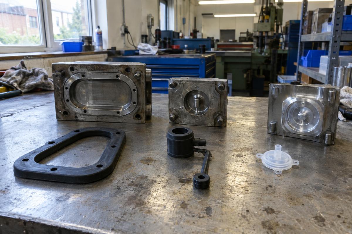Three moulded rubber and silicone part types beside matching tool inserts