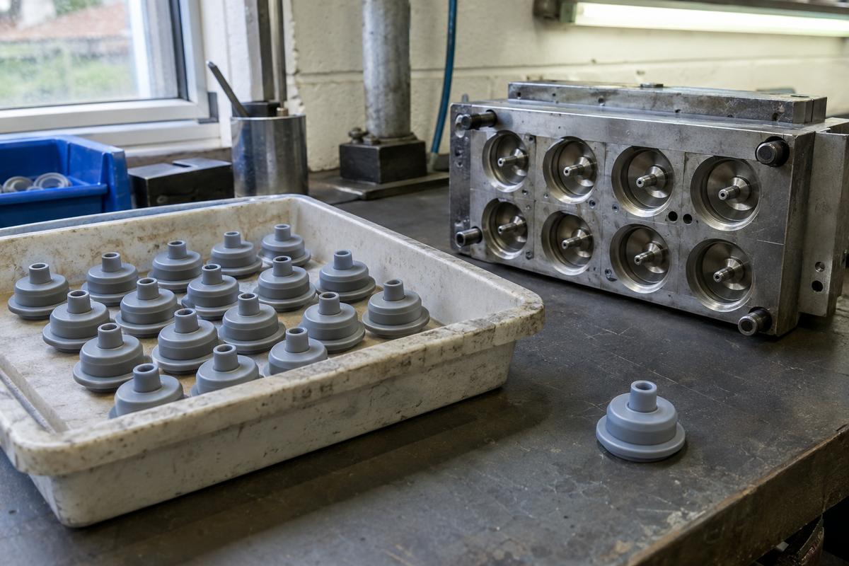 Repeated silicone valve parts in tray beside worn production tool