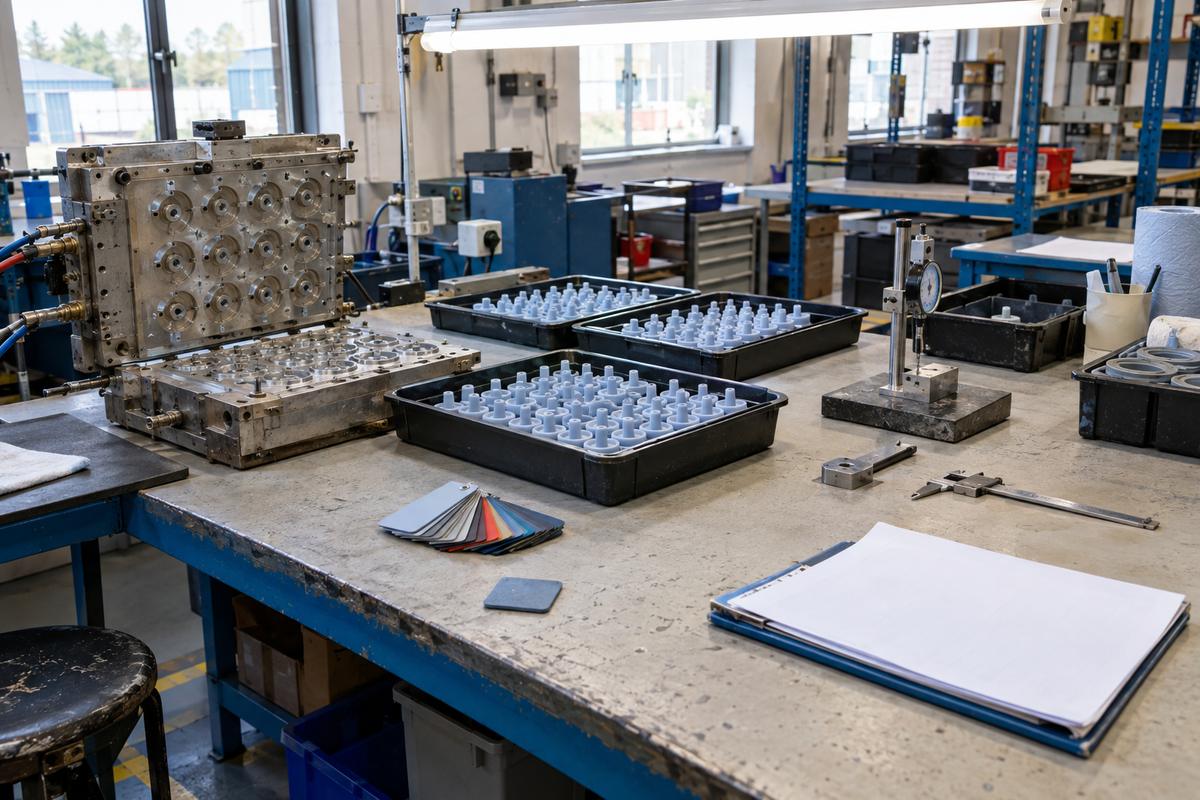 Inspection bench with valve parts, open tool and colour references
