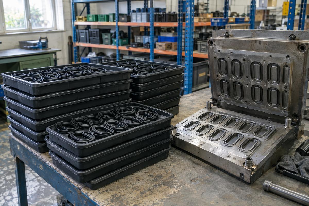 Black EPDM seals in trays beside an open compression tool