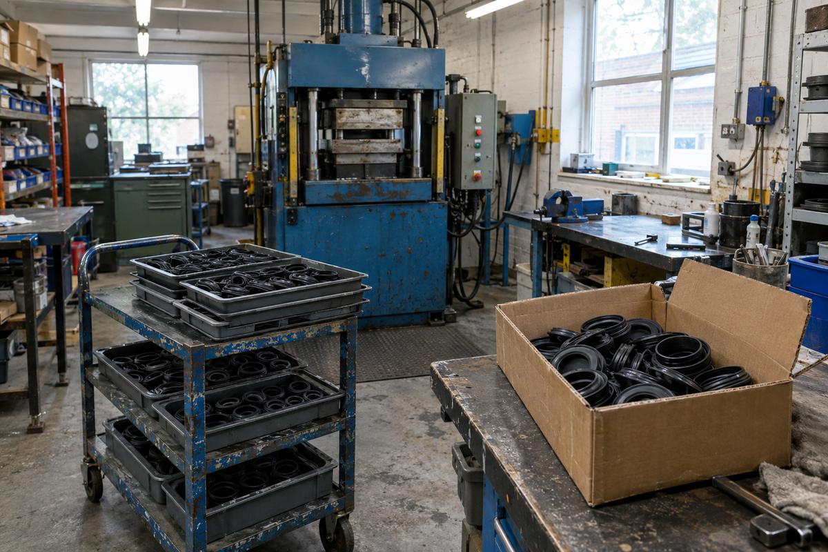 Seal trays and buffer stock near compression press in workshop