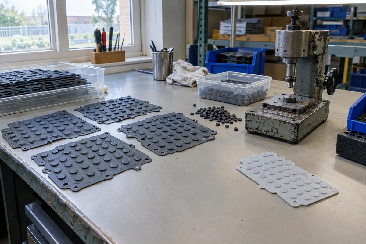 Silicone keypad mats beside test jig and carbon pills