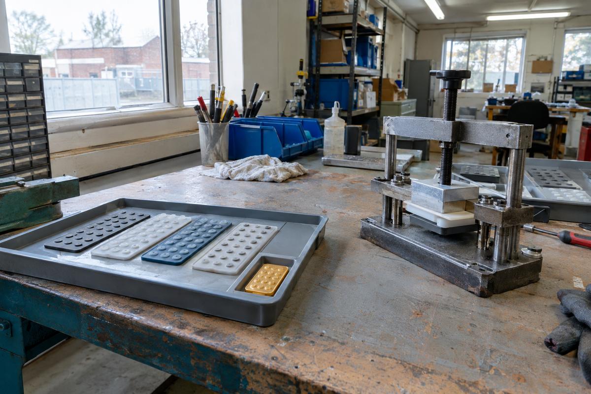 Test keypad mats and golden sample on inspection bench