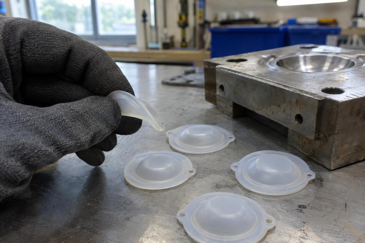 Small silicone diaphragm being lightly flexed beside precision insert