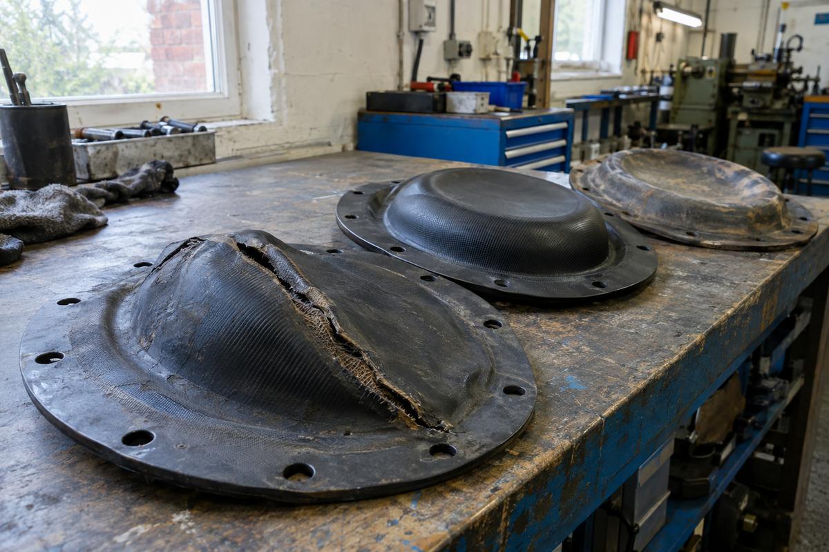 Fabric reinforced rubber diaphragms with failed split sample beside intact parts