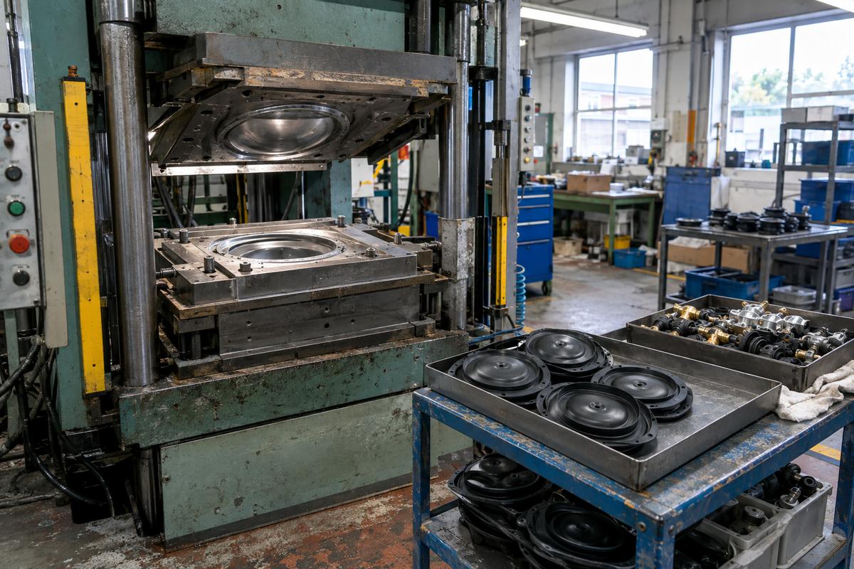Compression press, steel tool and trays of diaphragms and valve parts