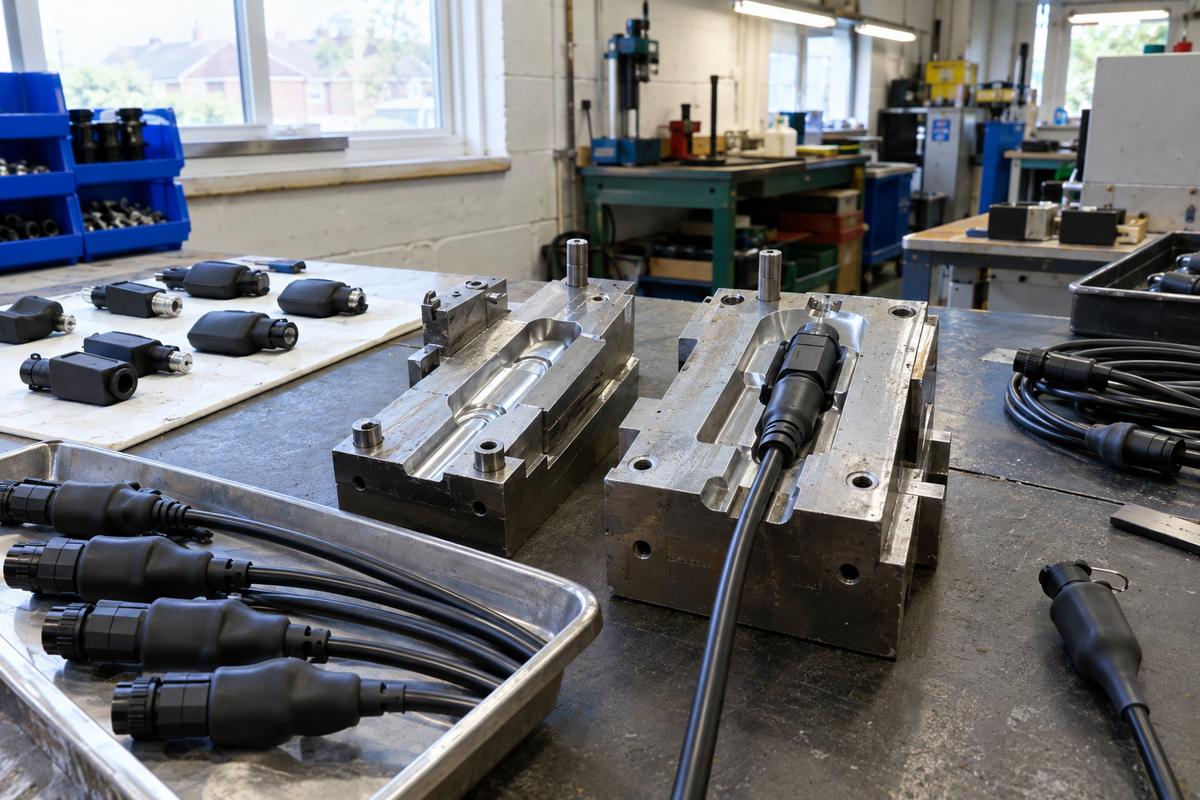 Steel overmould tool with cable connector insert and finished sealed assemblies