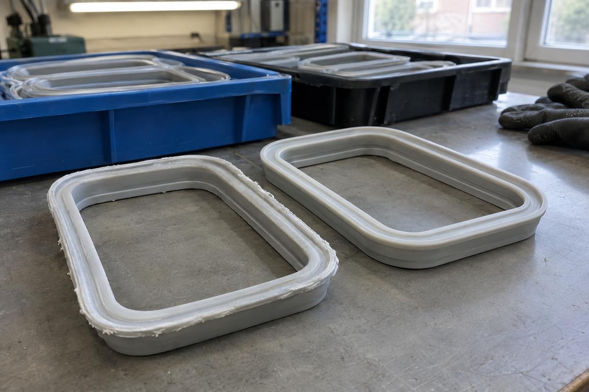 Silicone gaskets showing sealing lip edge quality on inspection bench