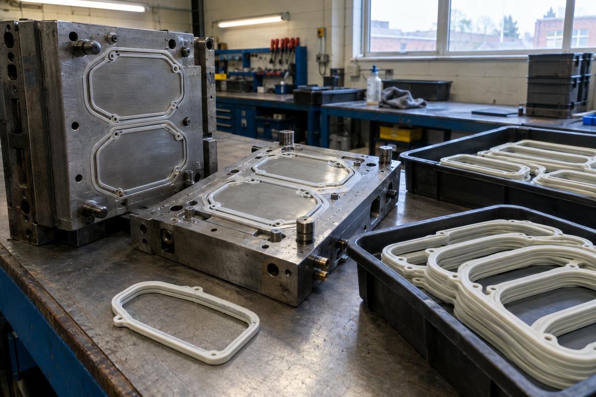 Cold runner LSR tool and finished pale gaskets with underside parting line