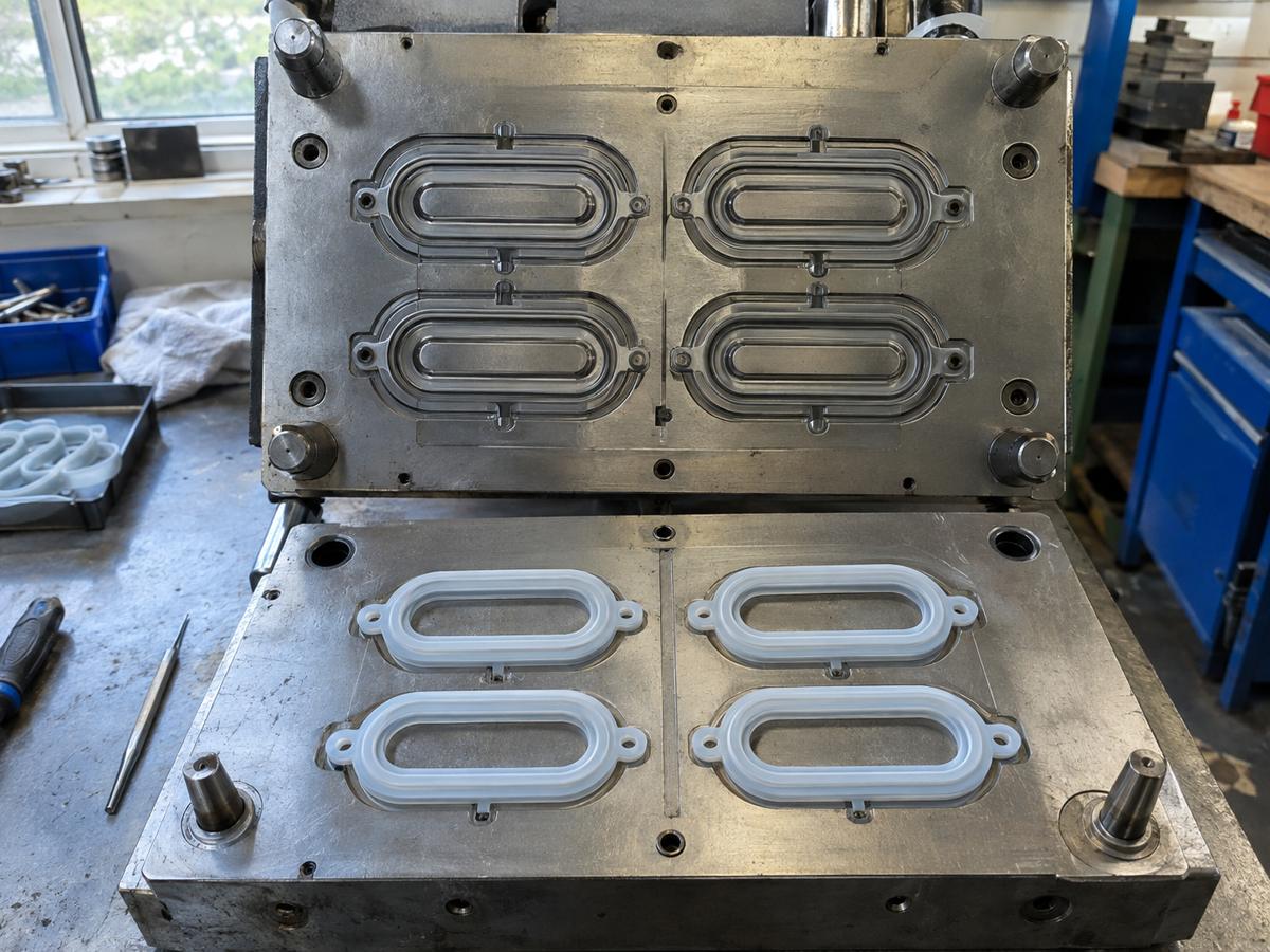 Opened LSR tool holding pale silicone gaskets with clean hidden parting line
